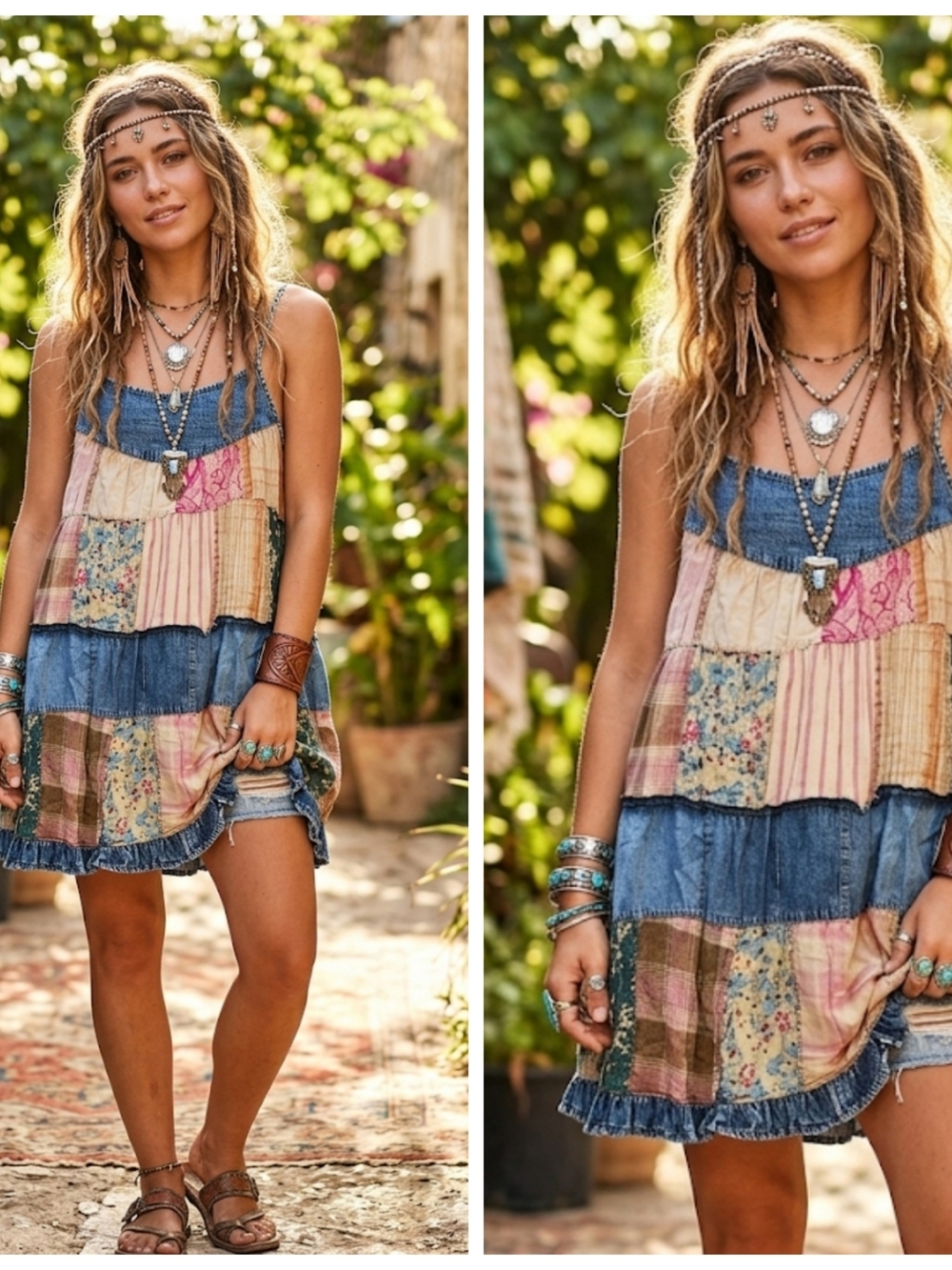 Boho Patchwork Tiered Sundress Or Top in Denim Blue and Pastel Mix
